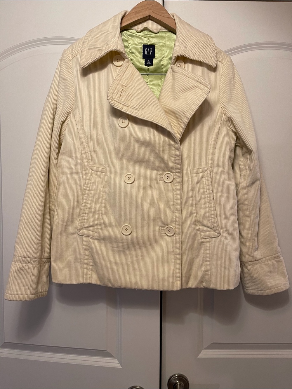 GAP Women's Cream Double-Breasted Corduroy Peacoat with Light Lining